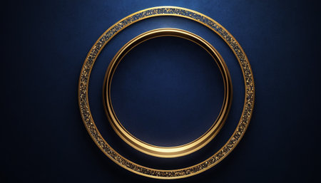 Dark blue background with gold ornament and round frame. 3d renderingの素材
