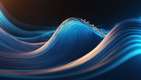 Abstract blue wave on black background. 3d rendering, 3d illustration.の素材