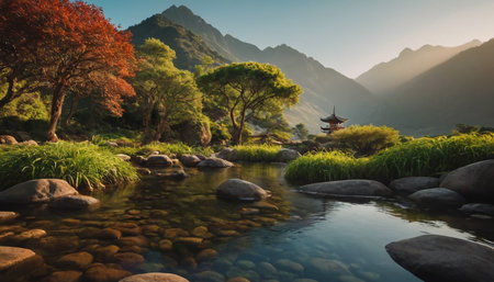 Landscape of the japanese garden with pond and mountain backgroundの素材