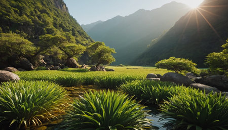 Rice field in the morning, Milford Sound, New Zealandの素材