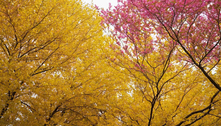 cherry blossom tree in autumn season with yellow leaves background.の素材