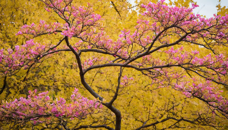 Autumnal tree branch with pink flowers and yellow leaves in backgroundの素材
