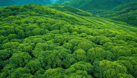 Aerial view of green forest in the mountains. Nature background.の素材