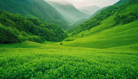 Green tea plantation landscape in the morning, South Korea, Asia.の素材
