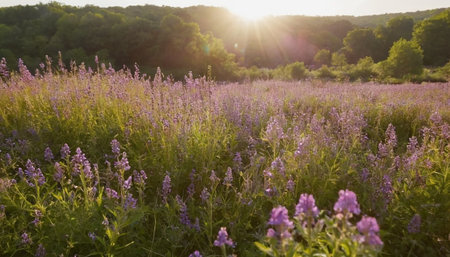 Sunset in the summer meadow with purple flowers and sunbeamsの素材