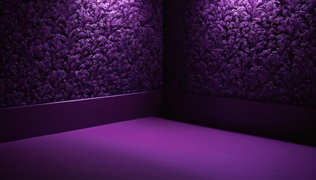 Purple wall in the room with a purple carpet and a spotlightの素材