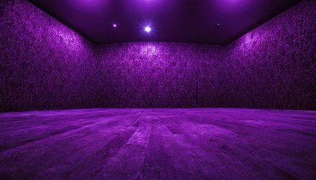 Purple wall with wooden floor and spotlights. 3d renderingの素材