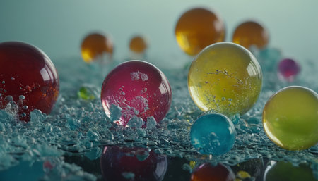 3d render of colorful marbles in water with splashes.の素材