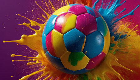 soccer ball with colorful paint splashes on a purple background.の素材