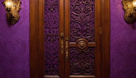 Wooden door with floral ornament in a purple interior of the buildingの素材