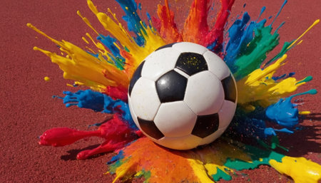 Soccer ball and colorful paint splashes on a red background.の素材