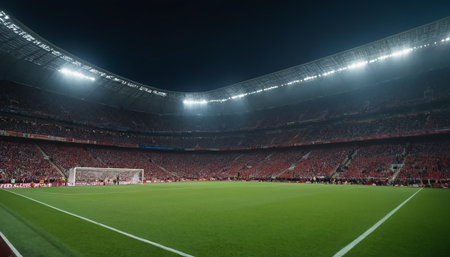 The empty football stadium at night with bright lights and fans in the standsの素材