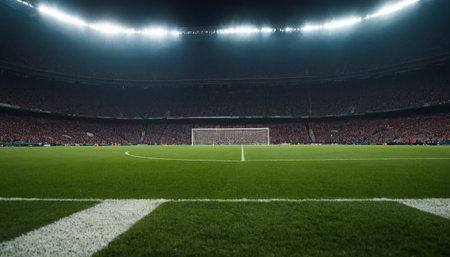Soccer or football stadium with green grass field and floodlights.の素材