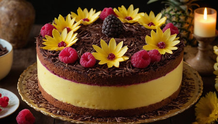 Homemade chocolate cake with raspberries and flowers, selective focusの素材