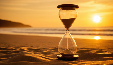 Hourglass on the beach with beautiful sunset in the background. Time concept.の素材