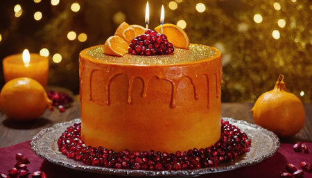 Birthday cake with pomegranate and orange on wooden tableの素材