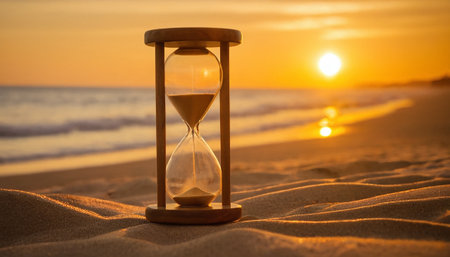Hourglass on the sand on the beach at sunset. Time conceptの素材