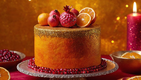Orange cake with pomegranate and oranges on a golden backgroundの素材