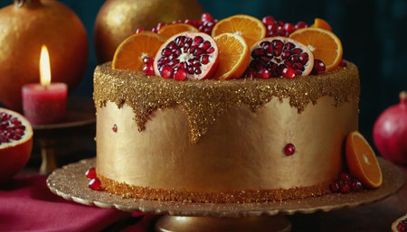 Beautiful cake with pomegranate and oranges on table, closeupの素材