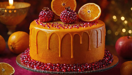 Orange cake with pomegranate and oranges on a red backgroundの素材