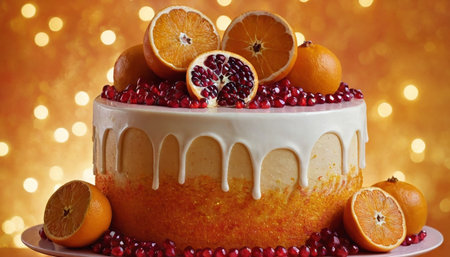 Fruit cake with pomegranate and oranges on a golden backgroundの素材