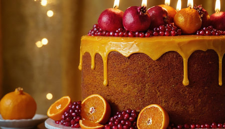 Birthday cake with orange and pomegranate, closeupの素材