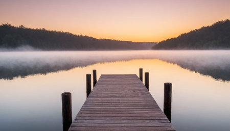 Wooden pier on a lake at sunrise with a beautiful misty landscapeの素材