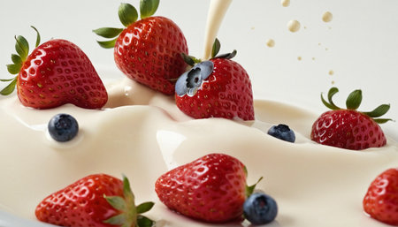 Strawberry and blueberry with yogurt splashing on white backgroundの素材