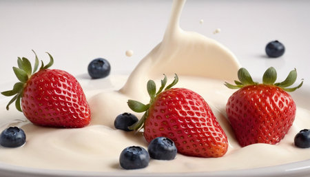 Strawberries and blueberries on a white background with a splash of milkの素材