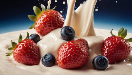 Creamy cream with strawberries and blueberries on a blue backgroundの素材