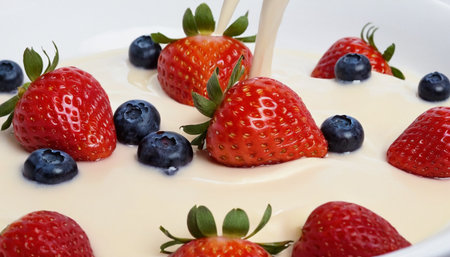 Close-up of fresh strawberry and blueberry in yoghurtの素材