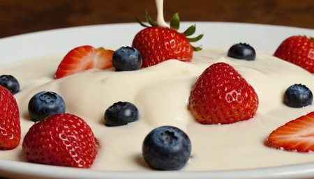 Close-up of a plate of yogurt with strawberries and blueberriesの素材