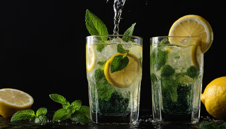 Mojito cocktail with lemon and mint on a black background.の素材