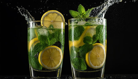 Mojito cocktail with lemon, mint and ice on black backgroundの素材