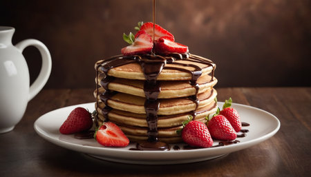 Stack of pancakes with chocolate syrup and strawberries on a wooden table.の素材