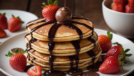 Pancakes with strawberries, chocolate and syrup on a wooden tableの素材