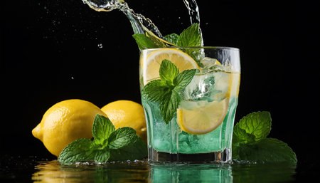 Mojito cocktail with lemon, mint and ice on black backgroundの素材