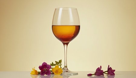 wine glass and flowers on a beige background with copy space.の素材