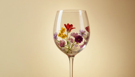 Colorful flowers in a wine glass on a beige background.の素材