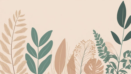 Vector floral background with hand drawn plants and leaves. Pastel colors.の素材