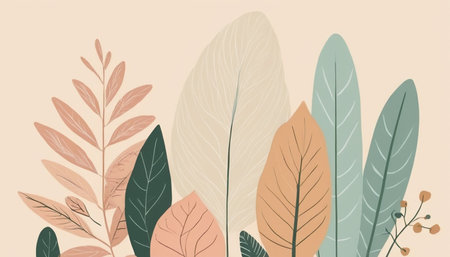 Hand drawn vector abstract floral illustration with leaves and branches in pastel colorsの素材