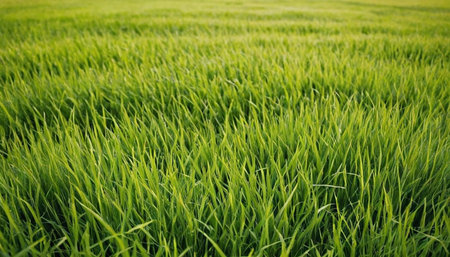 Green rice field in the morning. Close up of green rice field.の素材