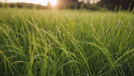 Rice field in the morning with sunbeams and lens flareの素材