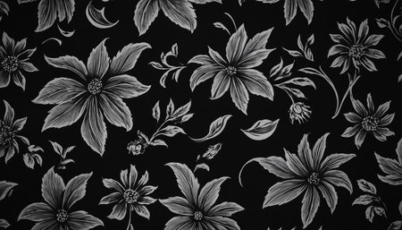 Floral seamless pattern. Black and white flowers on a black background.の素材