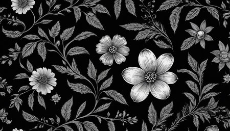 Seamless floral pattern. Black and white flowers on a black background.の素材