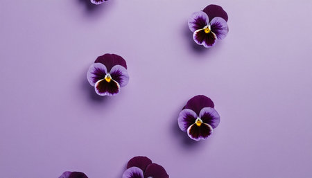 Purple pansy flowers on purple background. Flat lay, top view.の素材