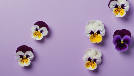 Colorful pansy flowers on purple background. Flat lay, top view.の素材