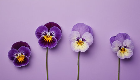 Beautiful pansy flowers on purple background. Flat lay, top viewの素材