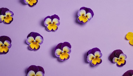Colorful pansy flowers on purple background. Flat lay, top view.の素材