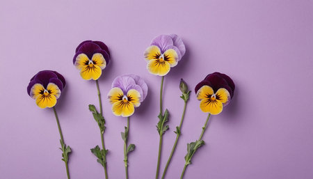 Purple and yellow pansy flowers on purple background. Flat lay, top viewの素材